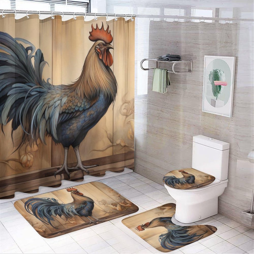 Dunmat 4Pcs Farmhouse Chicken Shower Curtain Sets for Bathroom