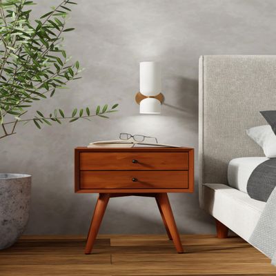 Alpine Furniture Flynn 2-Drawer Mahogany and Veneer Small Nightstand with Legs, Chestnut