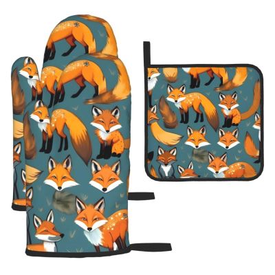 Many Foxes Oven Mitts and Pot Holders SetUltimate Heat Resistant Set for Kitchen and Dining