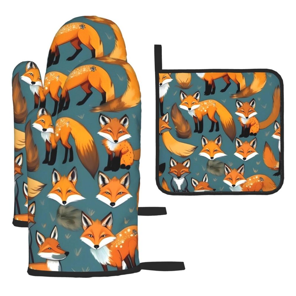 Many Foxes Oven Mitts and Pot Holders SetUltimate Heat Resistant Set for Kitchen and Dining