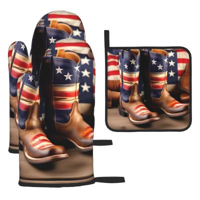 American Flag with Cowboy Boots Oven Mitts and Pot Holders SetUltimate Heat Resistant Set for Kitchen and Dining