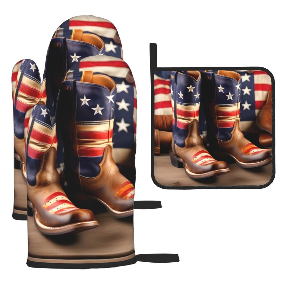 American Flag with Cowboy Boots Oven Mitts and Pot Holders SetUltimate Heat Resistant Set for Kitchen and Dining