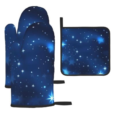 Blue Shining Stars Pattern Oven Mitts and Pot Holders SetUltimate Heat Resistant Set for Kitchen and Dining