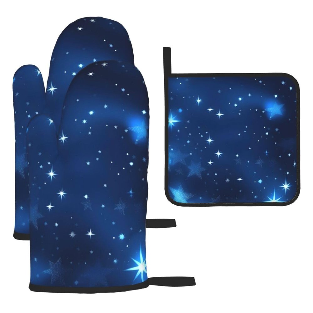 Blue Shining Stars Pattern Oven Mitts and Pot Holders SetUltimate Heat Resistant Set for Kitchen and Dining