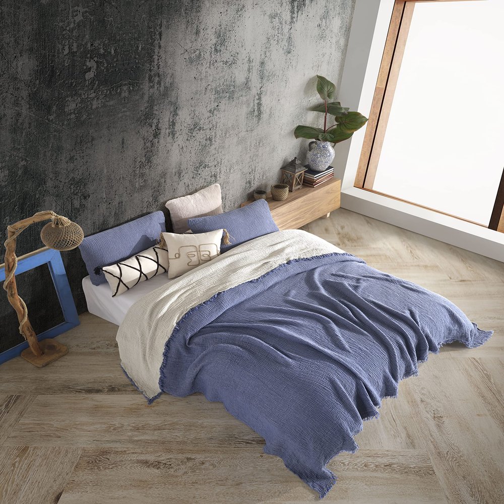 DestinyHomeTex Organic Cotton 4-Layer Muslin King Coverlet Bedspread (95 x 106 Inches) Lightweight Top Layer, Dual Color, Ultra Soft & Breathable, No Ironing Required, Pre-Washed (Blue & Beige)