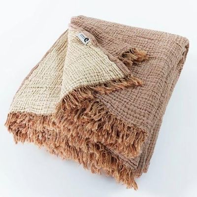 DestinyHomeTex Organic Cotton 4-Layer Muslin Oversized Coverlet (100 x 100 Inches) Lightweight Top Layer Bedspread, Reversible, Breathable & Ultra Soft, No Ironing Required Brown & Beige