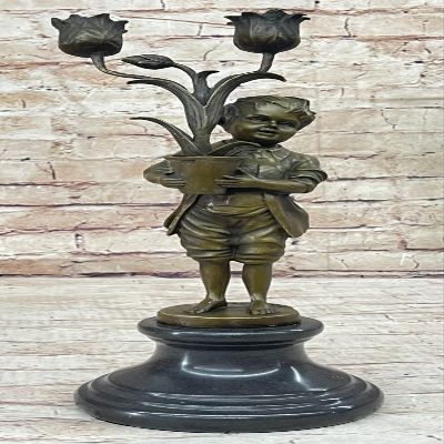 Aldo Vitaleh Collectible Figurine - Young Boy and Tulip Vase Candle Holder Decorative Gift Artwork by Think Bronze