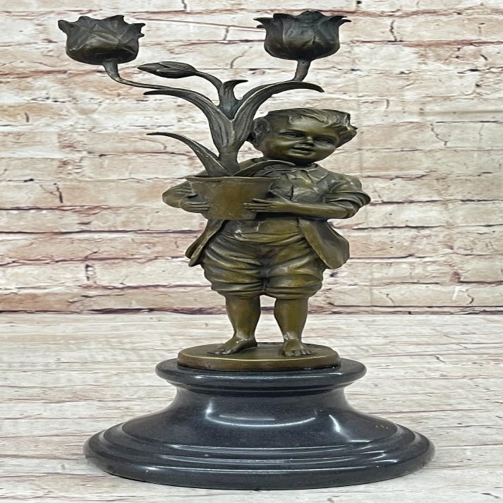Aldo Vitaleh Collectible Figurine - Young Boy and Tulip Vase Candle Holder Decorative Gift Artwork by Think Bronze