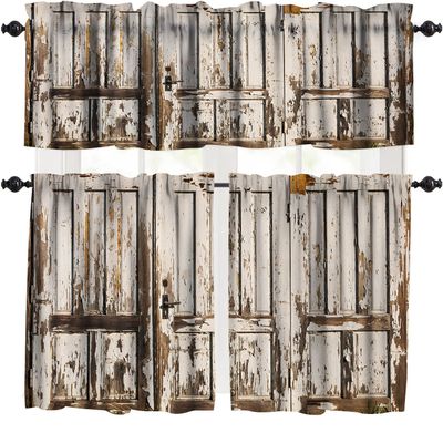 Rustic Wood Kitchen Valances 3 Piece Set,Brown Wooden Blue Wood Plank Wall Board Panel Kitchen Valances for Windows Heat Insulated Valance for Decor