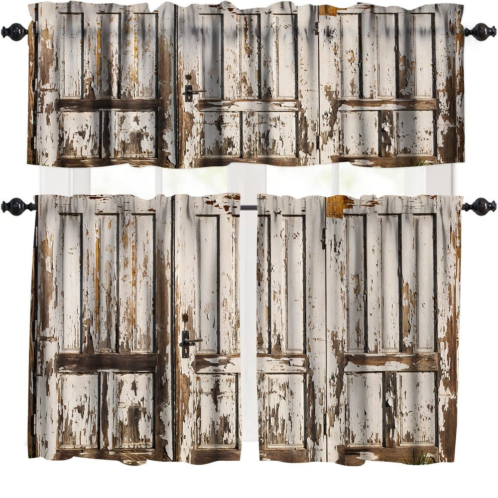 Rustic Wood Kitchen Valances 3 Piece Set,Brown Wooden Blue Wood Plank Wall Board Panel Kitchen Valances for Windows Heat Insulated Valance for Decor