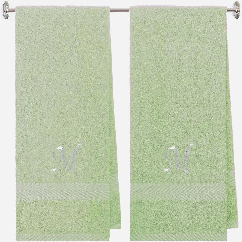 BY LORA Embroidered Terry Cotton Bath Towel for Bath, Shower - Personalized Gift - Mint Green Color Towel - Silver Script Initial M