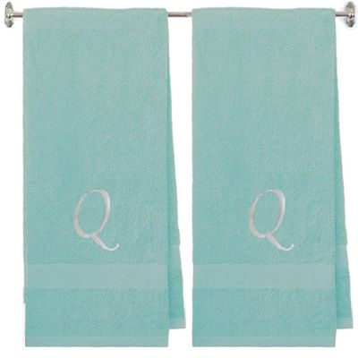 BY LORA Embroidered Terry Cotton Bath Towel for Bath, Shower - Personalized Gift - Nautical Teal Color Towel - Silver Script Initial Q