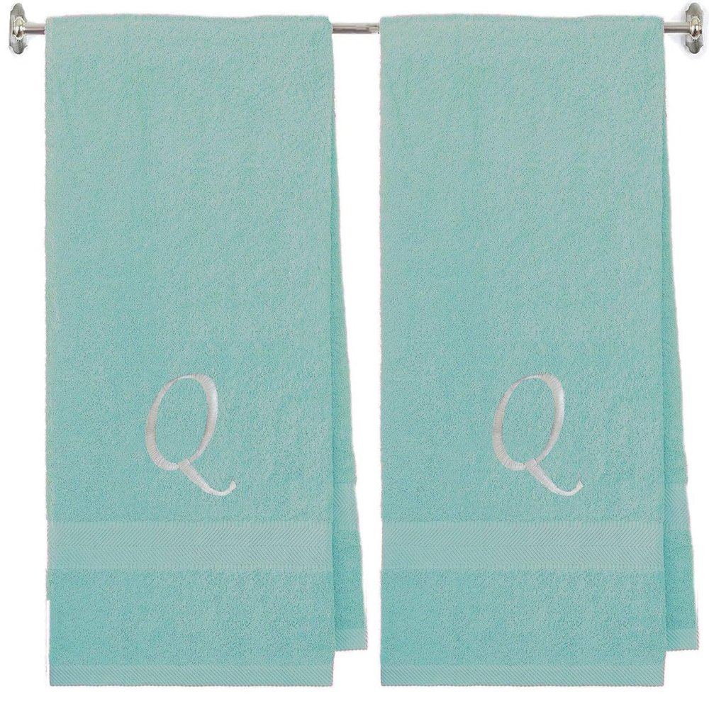 BY LORA Embroidered Terry Cotton Bath Towel for Bath, Shower - Personalized Gift - Nautical Teal Color Towel - Silver Script Initial Q