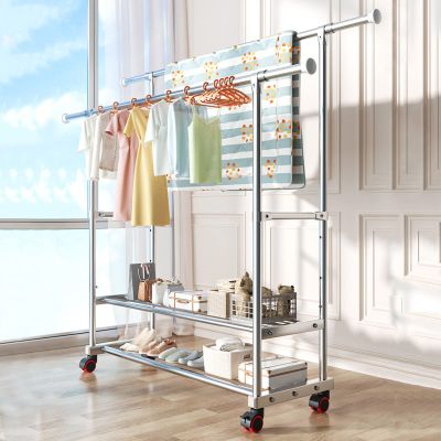 Foldable Clothes Drying Rack Foldable Portable Space Saving Clothes Drying Rack, Movable Drying Rack With 4 Castors, Stainless Steel Laundry Drying Rack, For Laundry, Bathroom, Balcony,Double Pole Dry