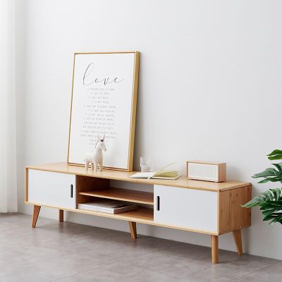 WOLWES TV Console Table Bamboo TV Cabinet Low Entertainment Center Narrow Media Console TV Stand for Living Room, Bedroom (Color : White, Size : 55.1in-no Drawer)