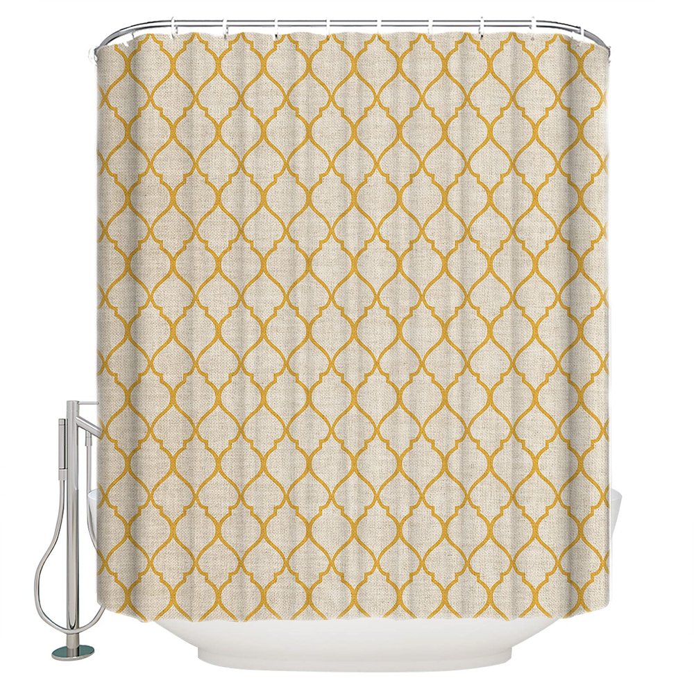 Shower Curtain, Rustic Moroccan Geometric Quatrefoil Yellow Lattice Washable Shower Curtain with Hooks Bath Decor Fabric Shower Curtains for Bathroom, Hotel, Stalls, Bathtubs, 60x72 in