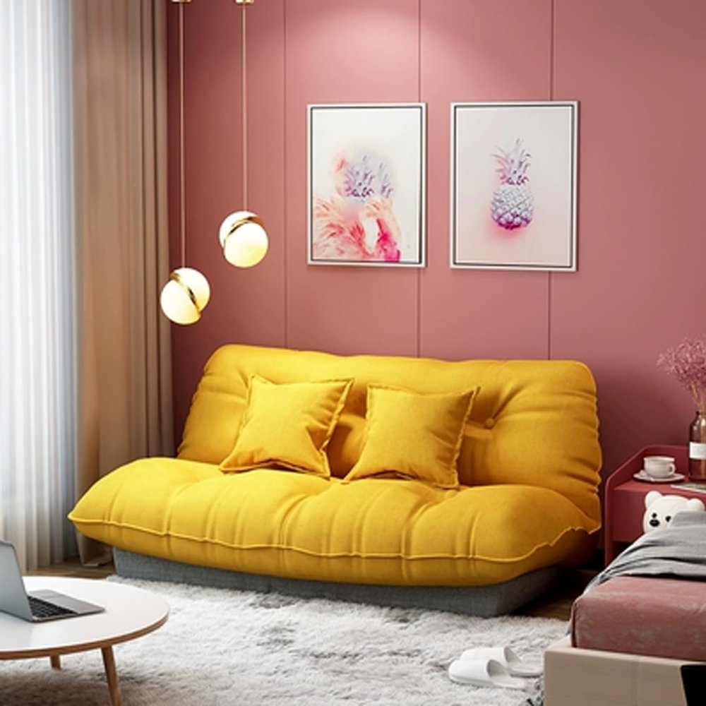 ESRADA Folding Lazy Sofa Double Sofa Bed Adjustable Floor Chair Bed with 2 Pillow Padded Resting Lounger Sleeper for Bedroom Living Room Balcony yellow-180CM