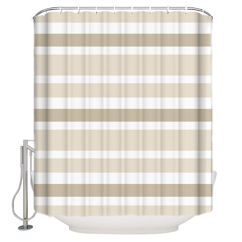 Shower Curtain, Beige Brown White Stripe Washable Shower Curtain with Hooks Bath Decor Fabric Shower Curtains for Bathroom, Hotel, Stalls, Bathtubs, 66x72 in