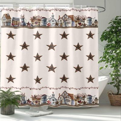 Houseown Shower Curtain, American Country Building Star Berries Retro Washable Shower Curtain with Hooks Bath Decor Fabric Shower Curtains for Bathroom, Hotel, Stalls, Bathtubs, 72x78 in
