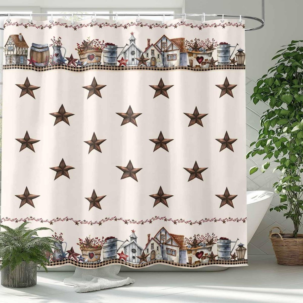 Houseown Shower Curtain, American Country Building Star Berries Retro Washable Shower Curtain with Hooks Bath Decor Fabric Shower Curtains for Bathroom, Hotel, Stalls, Bathtubs, 72x78 in