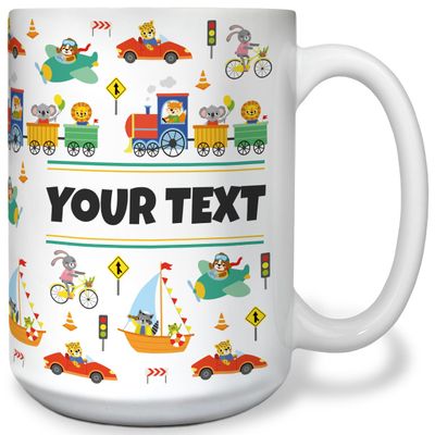 Bouncing Brick Designs Personalized Mug for Kids - Vehicles - Custom Name/Text, Ceramic Hot Chocolate/Cocoa/Coffee Cup for Boys, Birthday/Christmas/Holiday Gift - 15 oz, White Handle