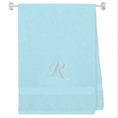 Embroidered Terry Cotton Bath Towel for Bath, Shower - Personalized Gift - Cover up Towel for Swimming Pool, and Beach - 35 x 65 inches - Nautical Teal Color Towel - Silver Script Initial R