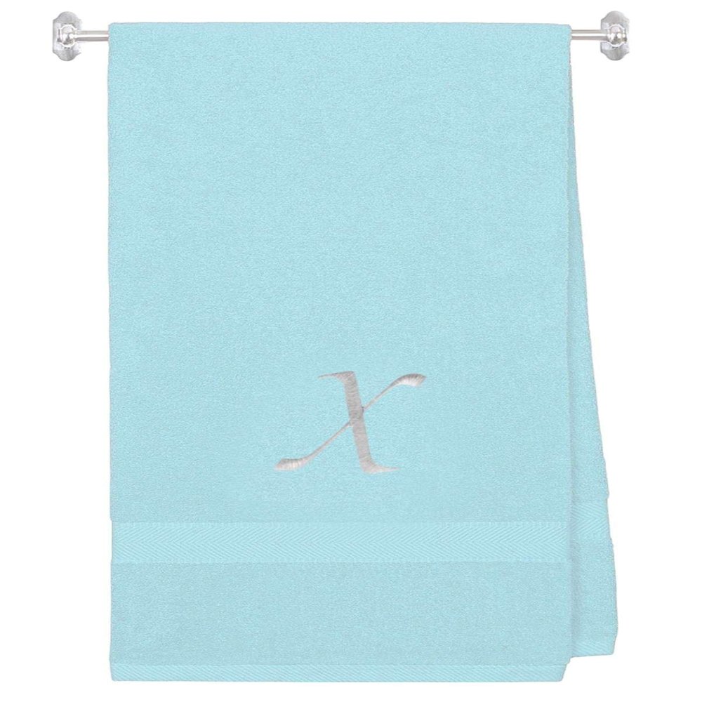 Embroidered Terry Cotton Bath Towel for Bath, Shower - Personalized Gift - Cover up Towel for Swimming Pool, and Bath - 35 x 65 inches - Nautical Teal Color Towel - Silver Script Initial X