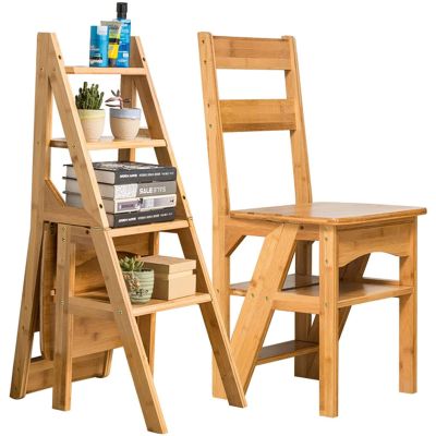 4 Tier Folding Step Stool Creative Transforming Fold Up Library Steps Step Ladder Chair Kitchen Office Use Multifunctional 2-in-1 Portable Wood Stepladder