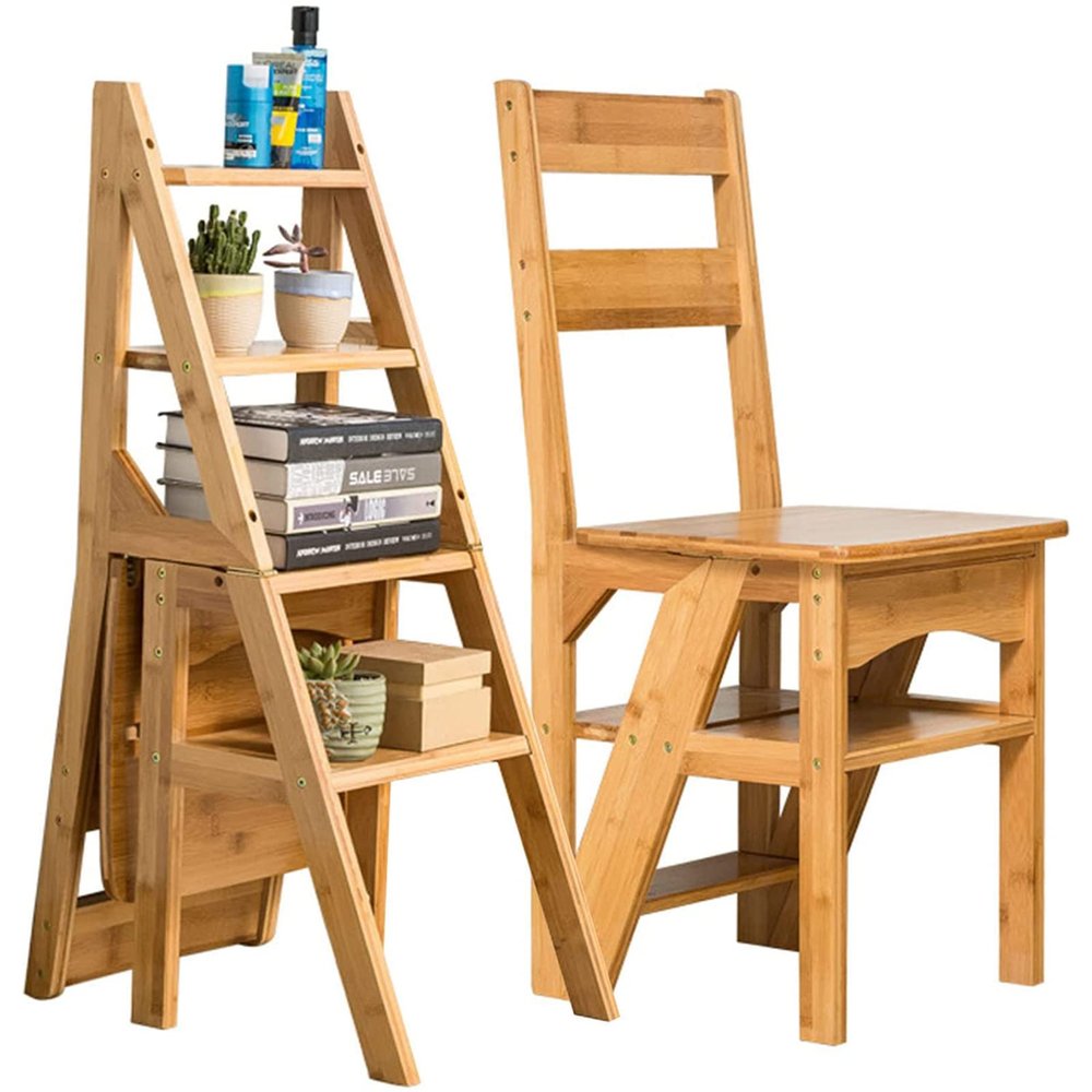 4 Tier Folding Step Stool Creative Transforming Fold Up Library Steps Step Ladder Chair Kitchen Office Use Multifunctional 2-in-1 Portable Wood Stepladder