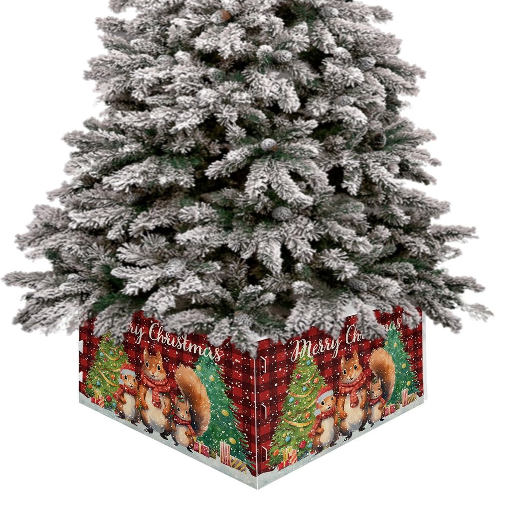 Christmas Tree Collar Tree Box Stand Cover,Christmas Squirrel Artificial/Pencil/Silm/Skinny Tree Ring 4 Packs Collapsible Tree Skirt for Christmas Xmas Tree,Shabby Chic Buffalo Plaid Red 17"x10"