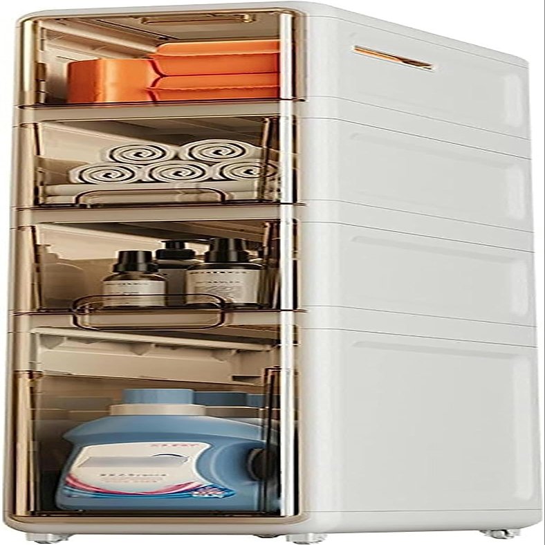 Bathroom Floor Cabinet Storage 4-Tier Slim Toilet Paper Storage Cabinet with Clear Drawers and Casters Large Capacity Narrow Vertical Dresser Tower for Small Spaces Gaps, Space Saving
