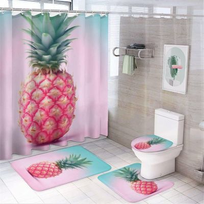 4PCS Sweet Pineapple Shower Curtain Set Modern Abstract Colorful Fruit Bathroom Decor Sets with Rugs Bathroom Accessories Set Bathroom Curtain Shower Set with 12 Hooks