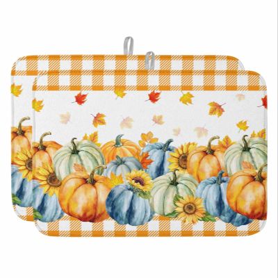 Thanksgiving Pumpkin Dish Drying Mat for Kitchen Counter, Orange Plaid Sunflower Leaves Absorbent Reversible Dish Drainer Rack Mats for Coffee Bar Mats 16''x18'' 2 PCS