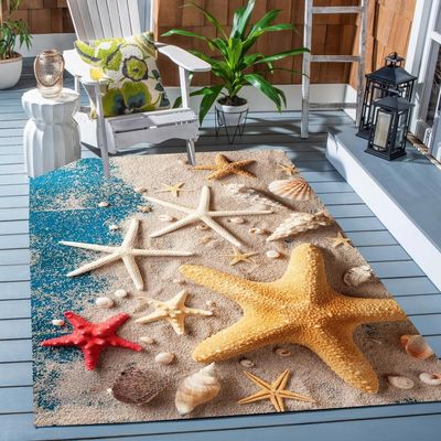 3D Ocean Beach Coastal Indoor Outdoor Decor Area Rug 10x12 Starfish Waterproof Reversible Rug for Patio Deck Backyard Balcony Washable Livingroom Bedroom Dining Carpet Mat