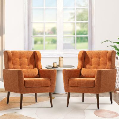 QKFF Accent Chair Set of 2, Upholstered Armchair with Pillow, Fabric Single Sofa Chair with Lounge Seat and Wood Legs Accent Chair for Living Room Small Spaces (Orange, Set of 2)
