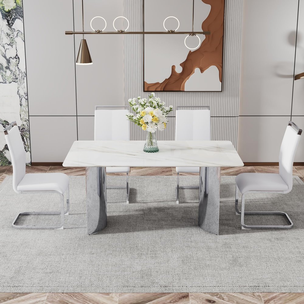 63'' Faux Marble Dining Table Set for 4,Kitchen Table and Chairs for 4, 0.39-Inch Thick Tabletop with Chrome-Plated Stainless Steel Base and 4 PU Leather Chairs, for Kitchen Dining Room