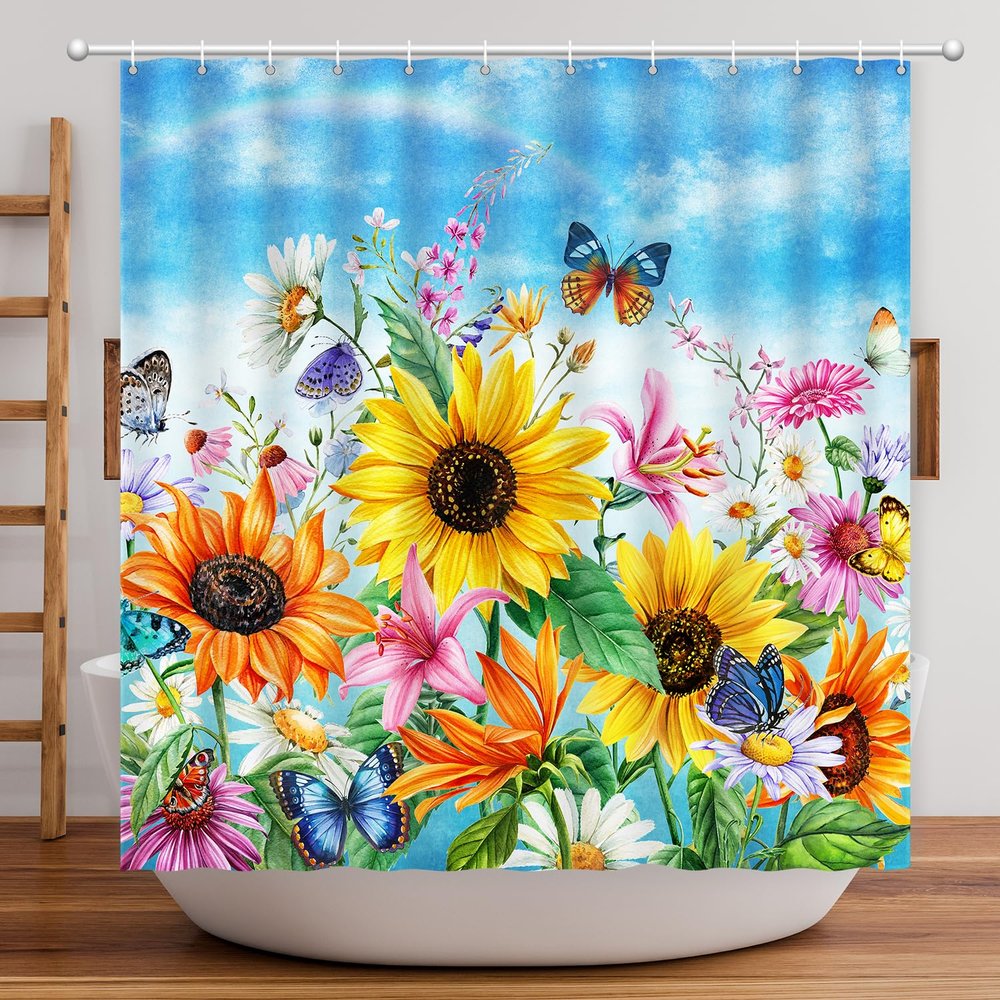 CutebriCase Shower Curtain Sunflowers, Blue Sky Shower Curtain Flower Butterfly Shower Curtain Set Polyester Waterproof Fabric Machine Washable Home Farmnouse Office Decor Bath Curtains