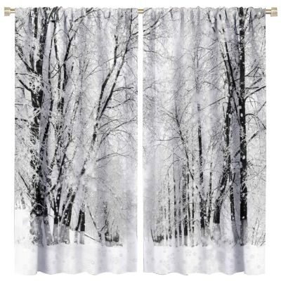 Winter Snowy Forest Curtains, Natural Rural Scenery Ice and Snow Street Tree for Christmas Xmas, Room Darkening Rod Pocket Window Treatments for Living Room Bedroom Kitchen 84x84in