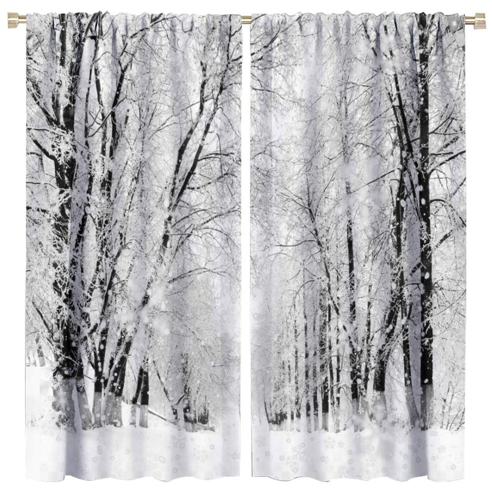 Winter Snowy Forest Curtains, Natural Rural Scenery Ice and Snow Street Tree for Christmas Xmas, Room Darkening Rod Pocket Window Treatments for Living Room Bedroom Kitchen 84x84in