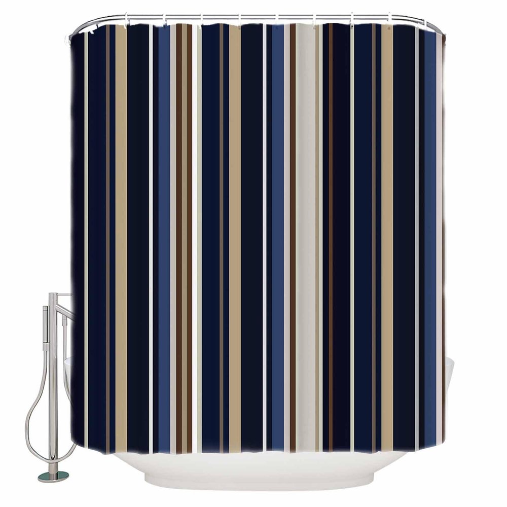 Shower Curtain, Blue Brown Stripes Washable Shower Curtain with Hooks Bath Decor Fabric Shower Curtains for Bathroom, Hotel, Stalls, Bathtubs, 72x78 in