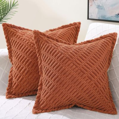 decorUhome Decorative Rust Fall Throw Pillow Covers 18x18 Set of 2 with Splicing, Boho Soft Neutral Corduroy Broadside Twill Pillow Covers for Couch Bed Sofa Living Room