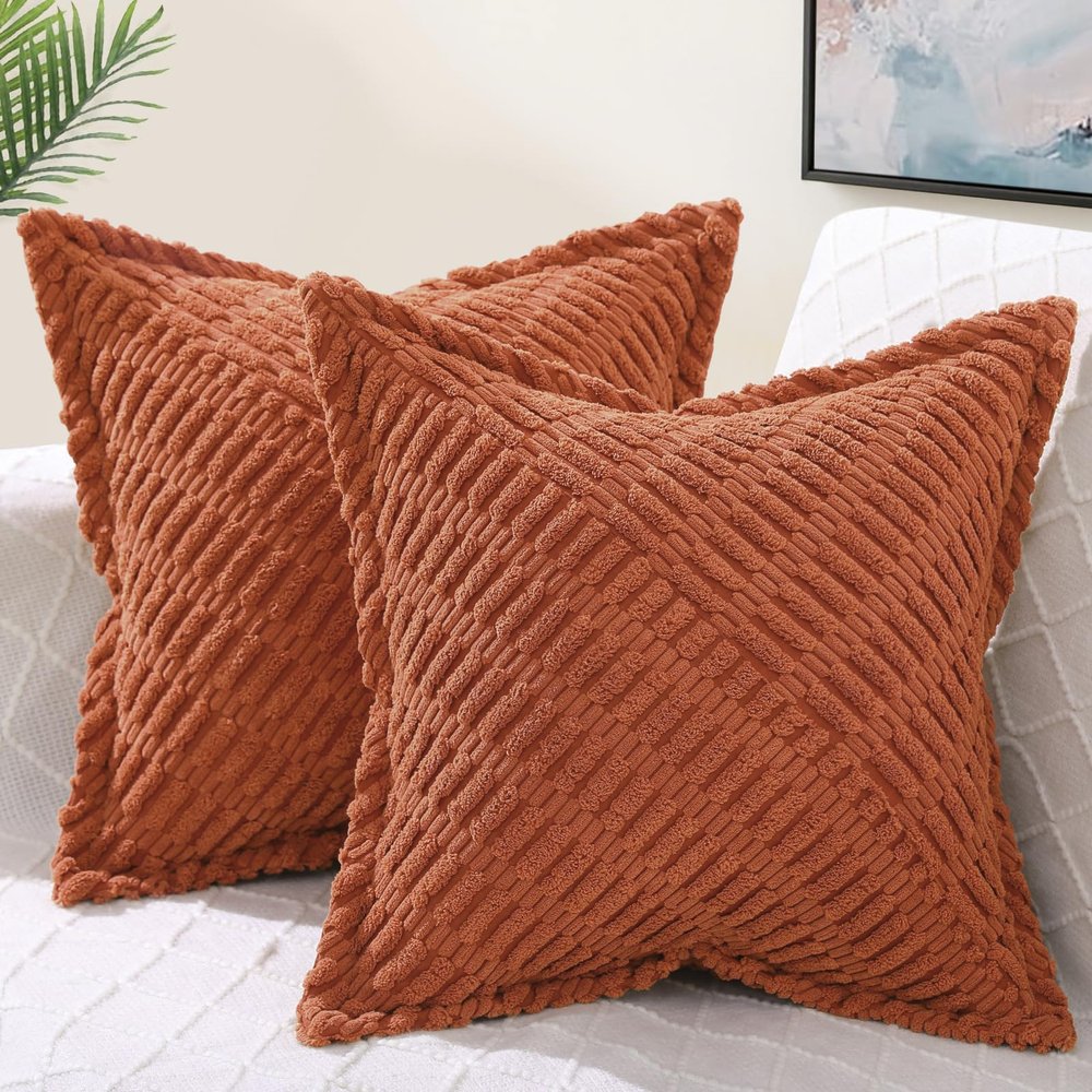 decorUhome Decorative Rust Fall Throw Pillow Covers 18x18 Set of 2 with Splicing, Boho Soft Neutral Corduroy Broadside Twill Pillow Covers for Couch Bed Sofa Living Room