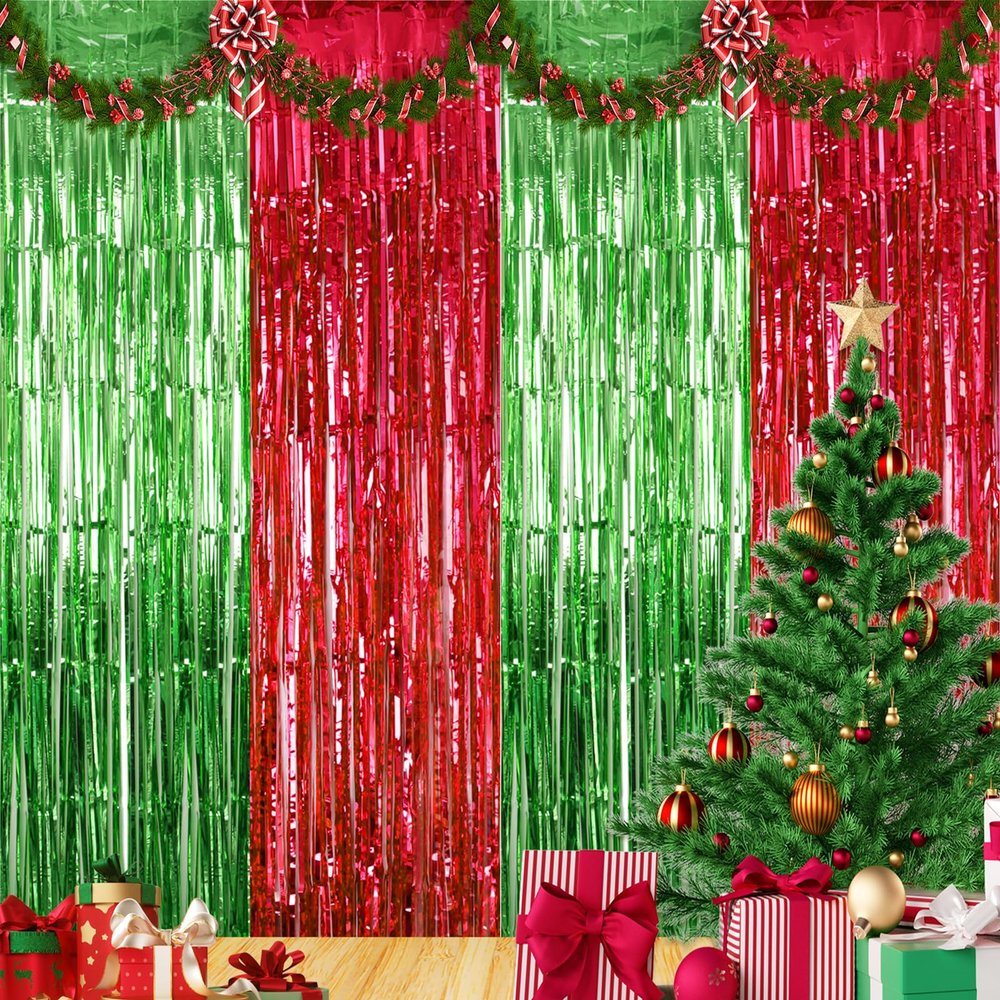4 Pack Christmas Metallic Tinsel Foil Fringe Curtains 3.36.5 ft Red Green Tinsel Fringe Photo Backdrop Decor Streamer for Christmas New Year Ugly Sweater Birthday Wedding Holiday Party Decorations
