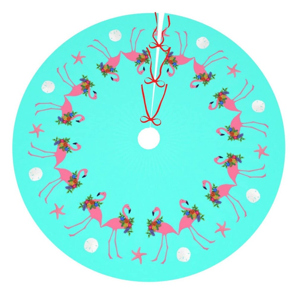 Christmas Tree Skirt Tropical Blue Flamingo Xmas Tree Skirt for Festive Holiday Party Santa Tree Mat Home New Year House Decorations Indoor Outdoor 30 Inch