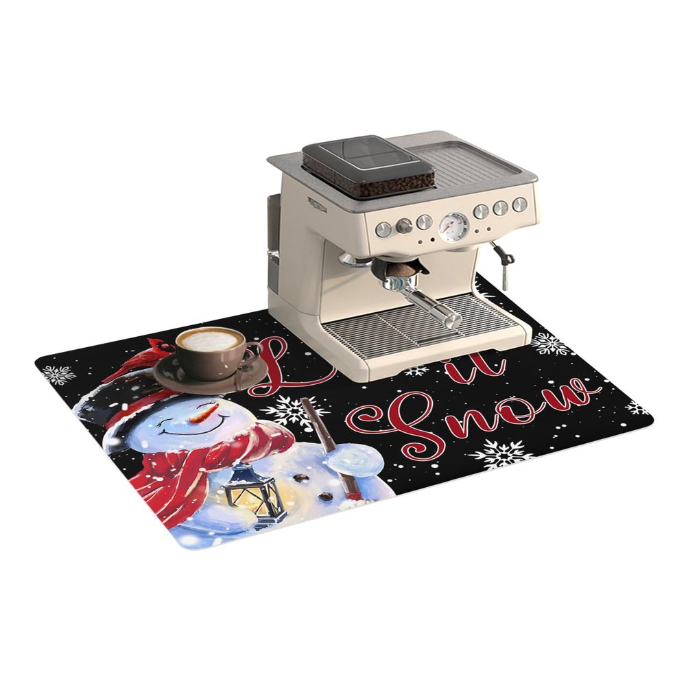 Victoroes Christmas Coffee Mat, Winter Snowman Snowflake Xmas Black Dish Drying Mat for Kitchen Counter Absorbent Coffee Bar Mat Hide Stain Rubber Backed Espresso Coffee Machine Mat, 12"x20"