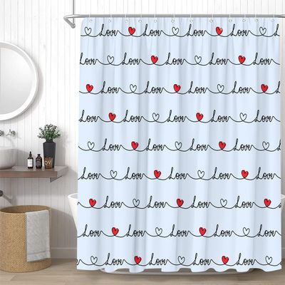 YSSFAV Valentine's Day Love Shower Curtain Red Heart Minimalist Modern Romantic Blue Bathroom Decor Curtains Set with Hooks