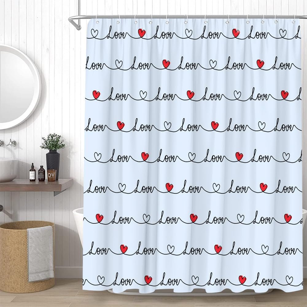 YSSFAV Valentine's Day Love Shower Curtain Red Heart Minimalist Modern Romantic Blue Bathroom Decor Curtains Set with Hooks