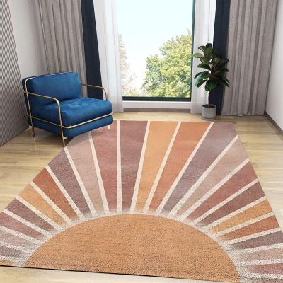 Boho Sun Area Rug, Abstract Art Vintage Rainbow Rugs Modern Geometry Floor Carpet, Orange Beige Indoor Non-Slip Kids Rugs for Bedroom, Living Room Bathroom Classroom Office(4x6ft