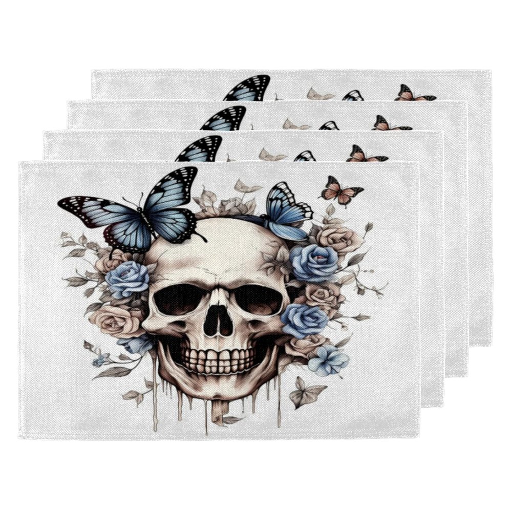 Skull Butterfly Rose Flower Skeleton Placemats Set of 4 Decorative Dinner Place Mats Washable Table Mat for Gifts, Holiday, Birthday Party, Wedding & Dining