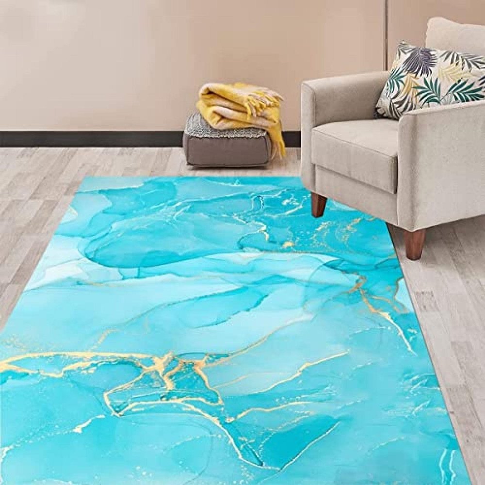 Gilt Gold Marble Area Rugs, Turquoise Gold Modern Abstract Soft Washable Carpet, Soft Non-Slip Machine Large Rugs for Kids Teen Girls Boys Bedroom Living Room Office(4x6ft